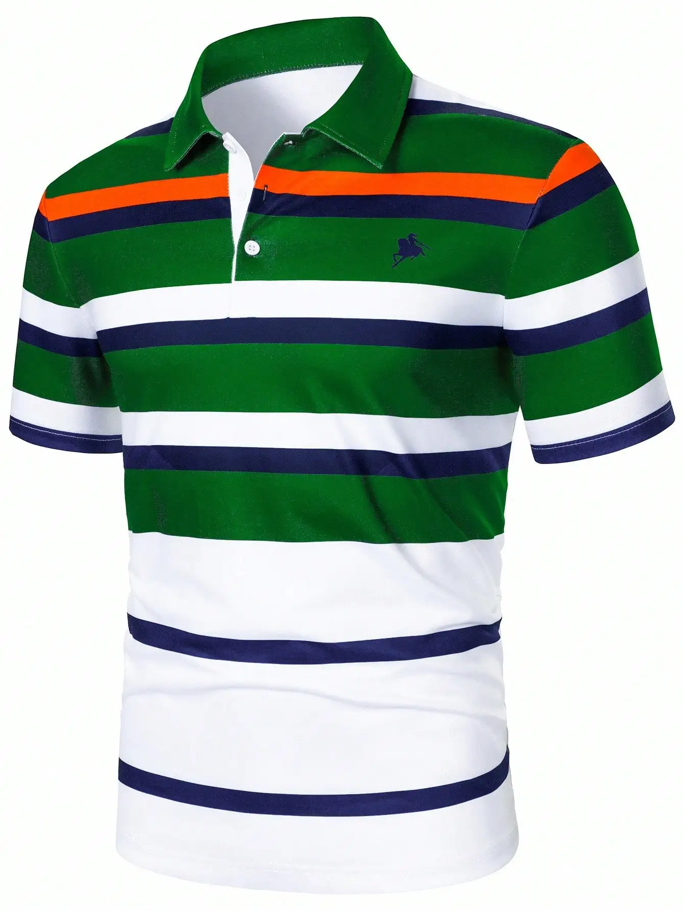 

Men's Short-Sleeve Striped Polo Shirt in Green, White, Navy & Orange for Casual or Business Wear