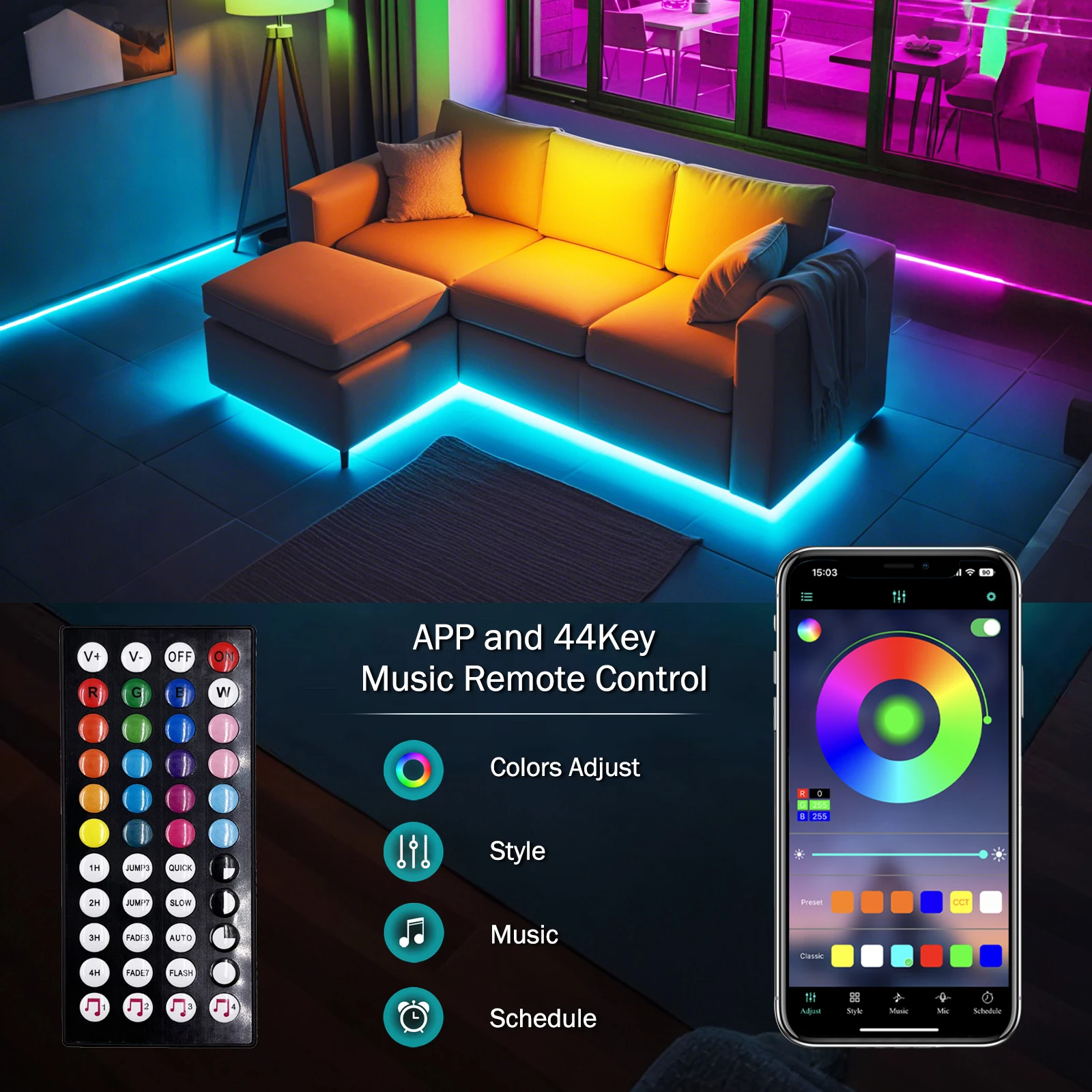 Tira de luz led cob bluetooth 840 leds rgb sonho fita flexível colorida dc12v 24v fita iluminação linear com controle remoto