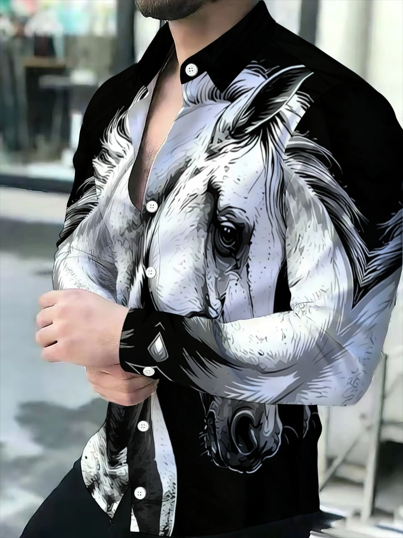 Men Monochrome Horse Portrait Print Long Sleeve Shirt Turn‑Down Collar Button‑Up Polyester Western Casual Blouse