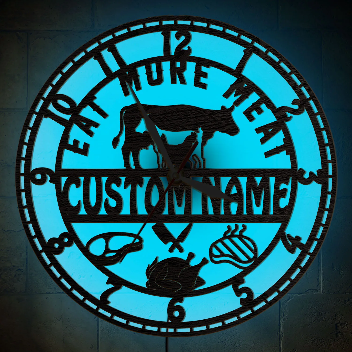 Personalized BBQ Meat Cow Wooden Wall Clock LED Night Light Custom Butcher Name RGB Multi Color Changing Night Glow Wall Clock