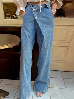 Femmes Vintage coréen jean pantalons longs printemps été taille haute boucle diagonale ample jambe droite pantalon Baggy pantalon décontracté