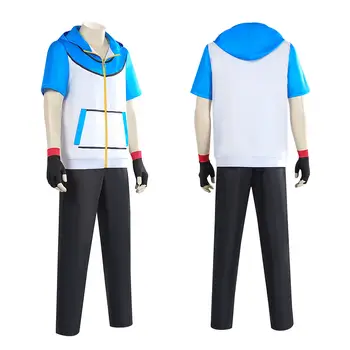 vuxna barn Ash Ketchum Anime Trainer Cosplay Traje para homes e mulheres, jaqueta azul, boné e luvas, Halloween cosplay 10 best sales Ash costume - №5