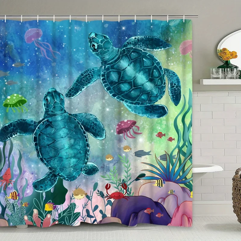 1pc Sea Turtle Curtain With Hooks, Ocean Creature Landscape Shower Curtains, Underwater Fish Seaweed Jellyfish Coral Anim