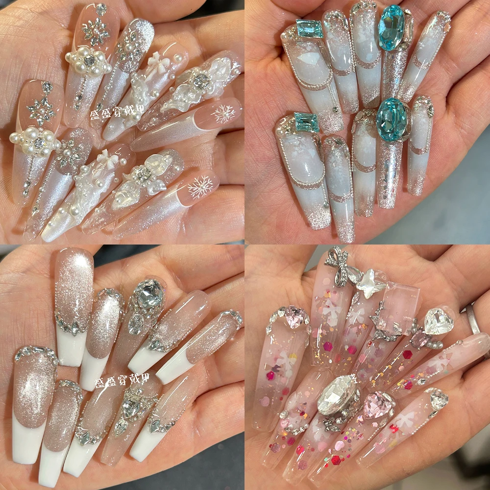 

10Pcs Sweet Handmade Long Coffin Wearable Press On Fake Nails Flowers Bowknot Pearl Cat Eyes Butterfly French Full Cover Nail