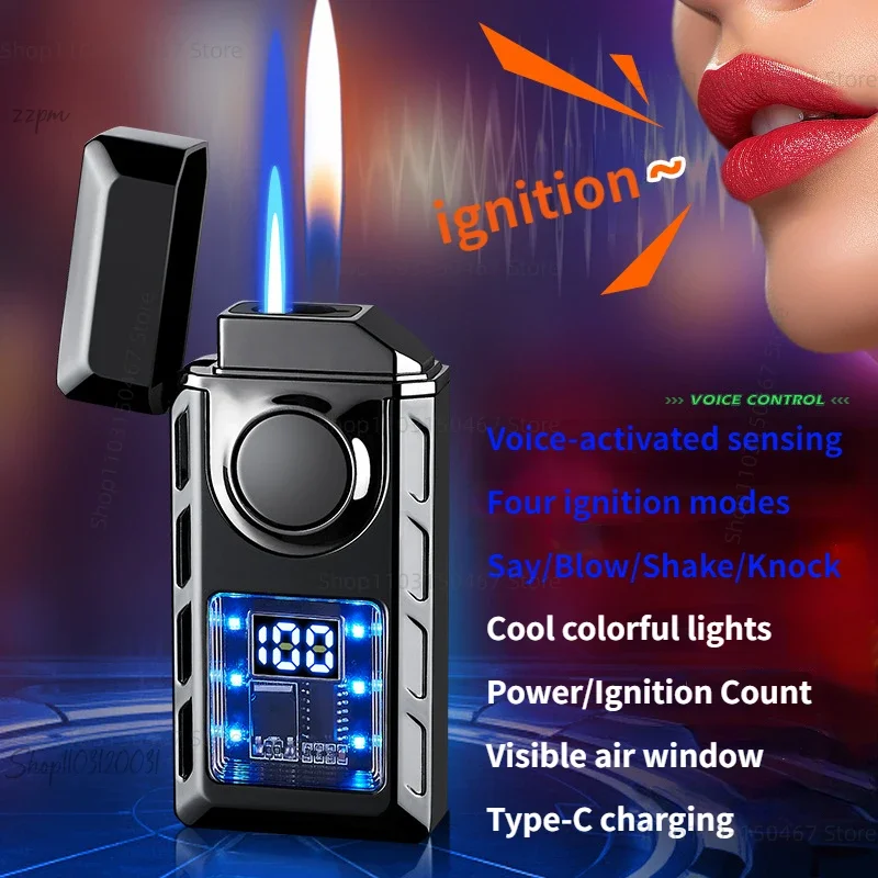 

New Voice-controlled Double-fire Lighter, Power Display, Air Window, Visual Direct-charge and Open-fire Electric Lighter