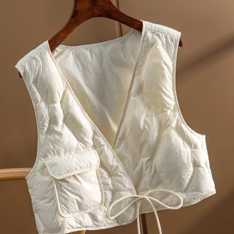 Women's Autumn Winter New Vest Quilted Tie Cropped Tops Loose V-neck Korean Cotton Waistcoat Tank Top Outerwear Black White