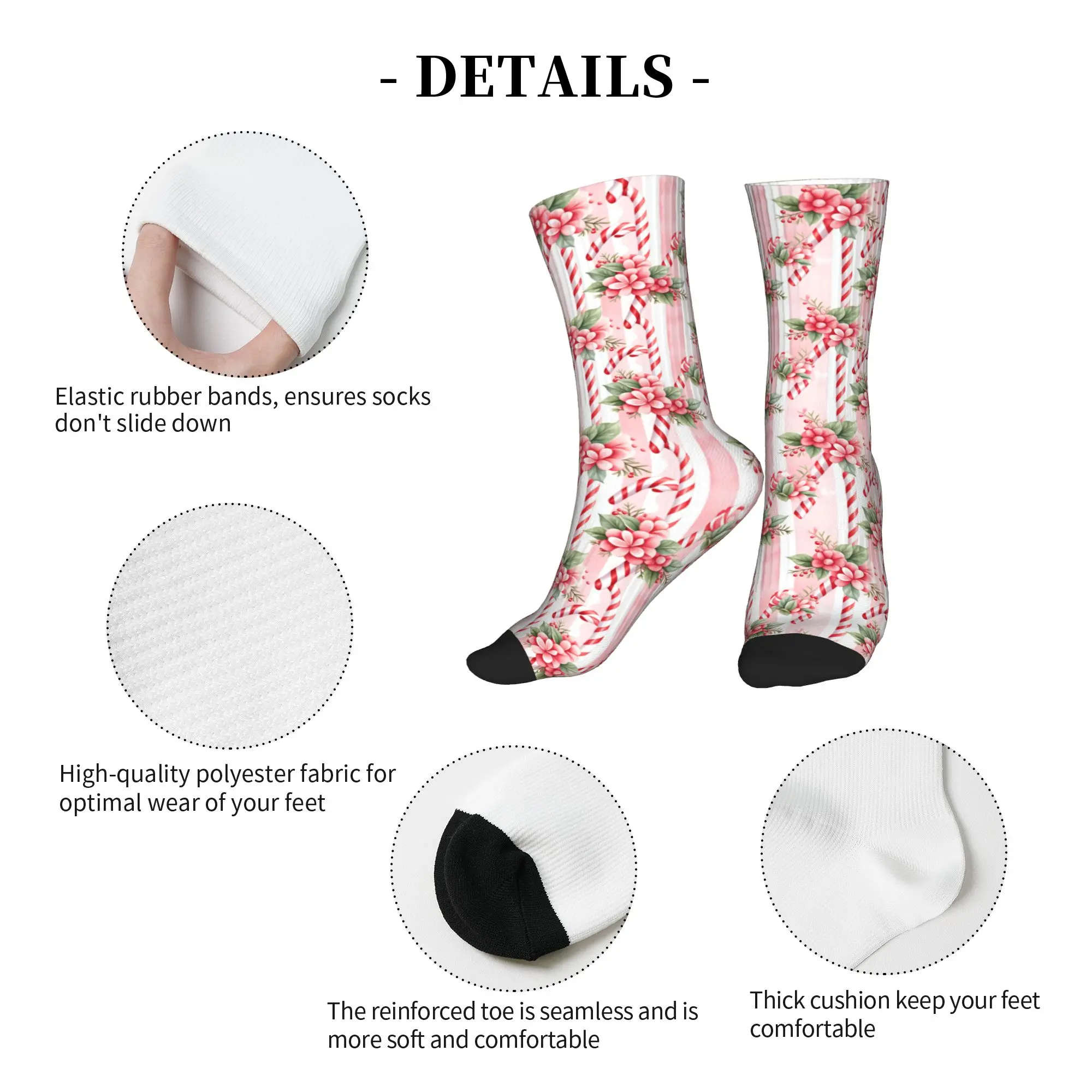 Fashion Printing Vintage Pink Candy Cane Christmas Pattern Socks for Men Women Stretch Summer Autumn Winter  Crew Socks view 5