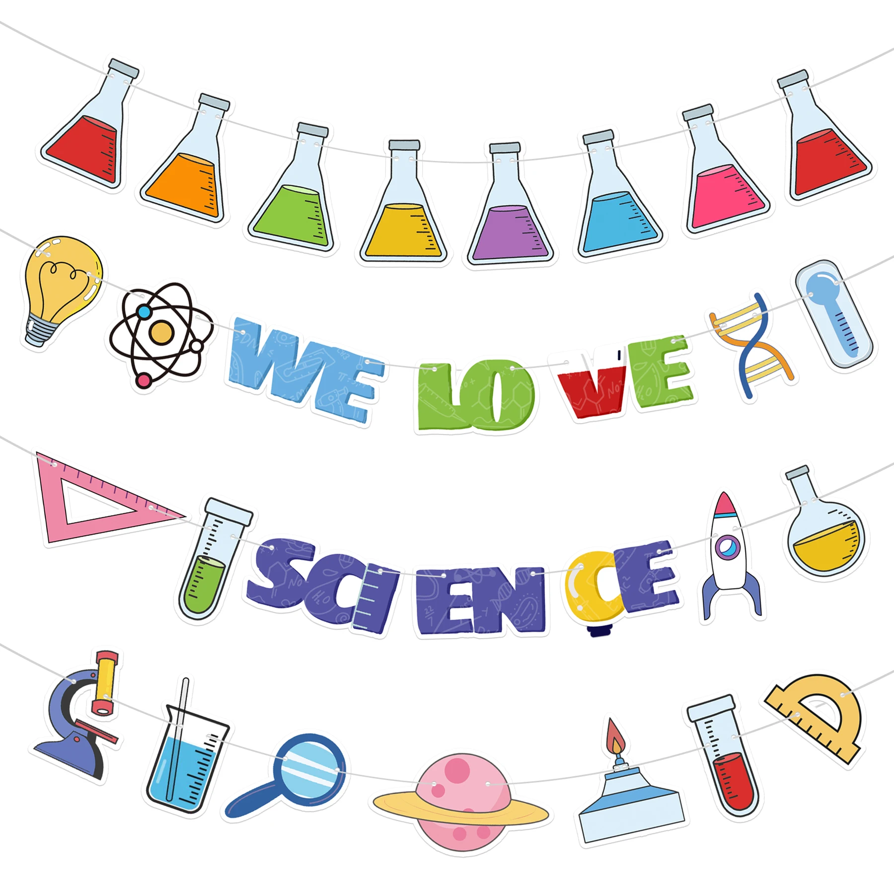 We Love Science Party Banner, 4 Piezas Banner de Ciencias Mad Scientist Decoraciones para Fiesta Laboratorio de Química Guirnalda Colgante