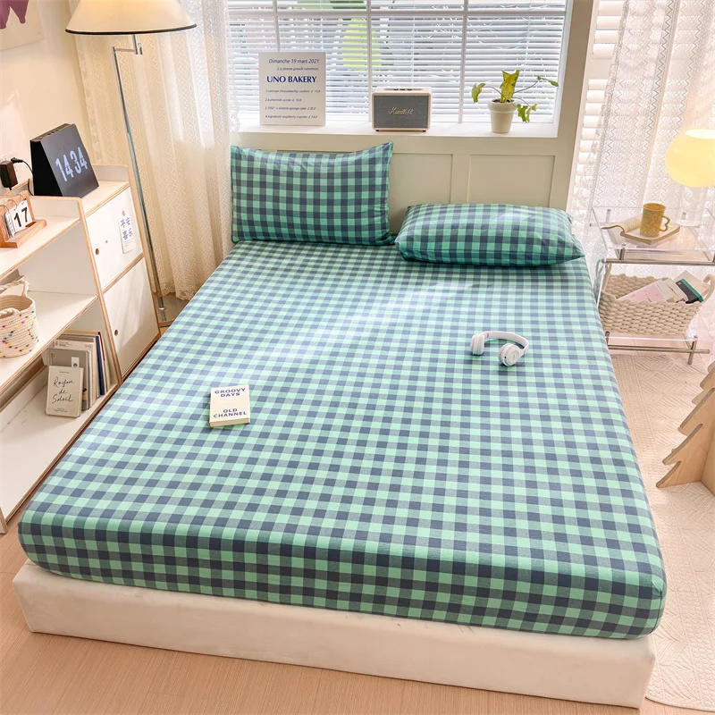 Buffalo Check Grid Fitted Sheet Soft Green Plaid Gingham Bedding Sheet Microfiber Modern Geometric Stripe Deep Pocket Bed Sheets