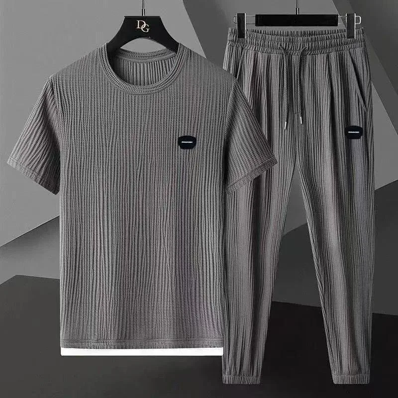 

Men's Summer Ice Silk Waffle Knit Tracksuit Casual Short Sleeve T Shirt + Drawstring Pants 2 Piece Set Male Fashion Streetwear