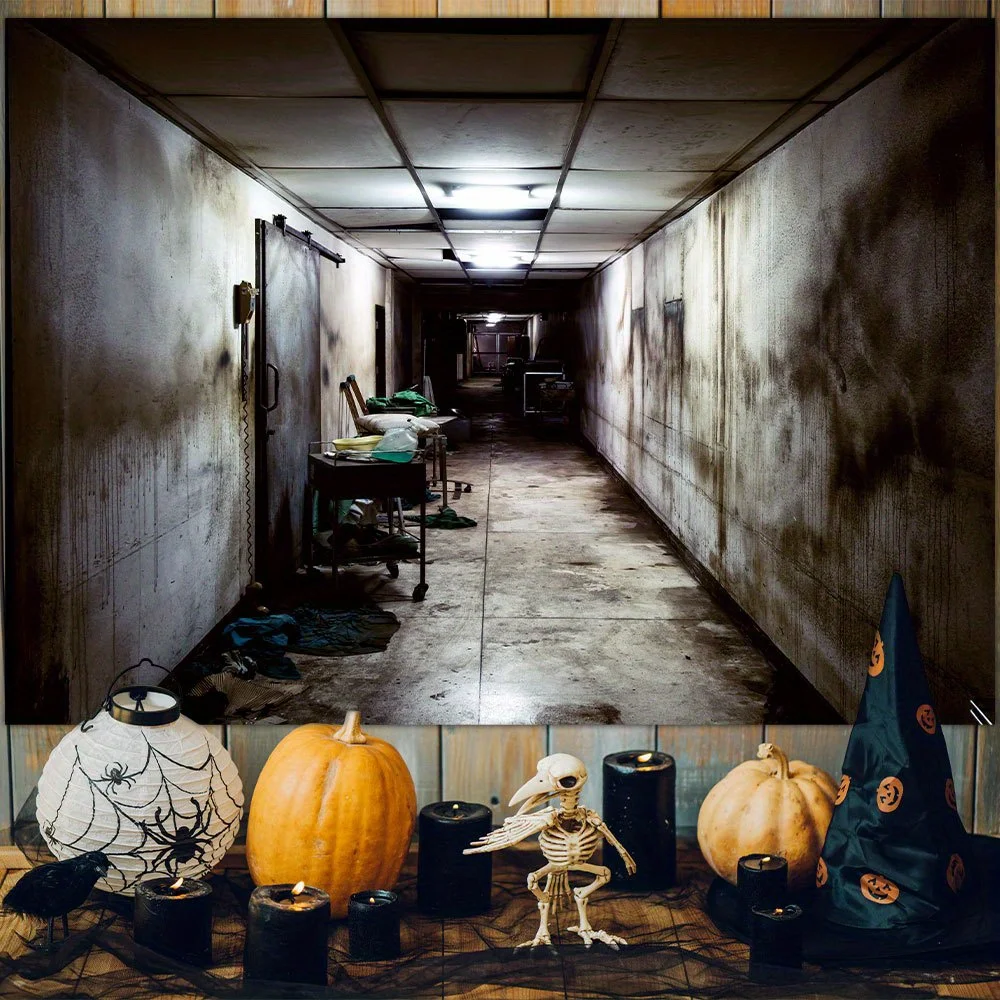 Halloween photography background, dilapidated hospital alley haunted house pattern, ghostly home wall banner decoration