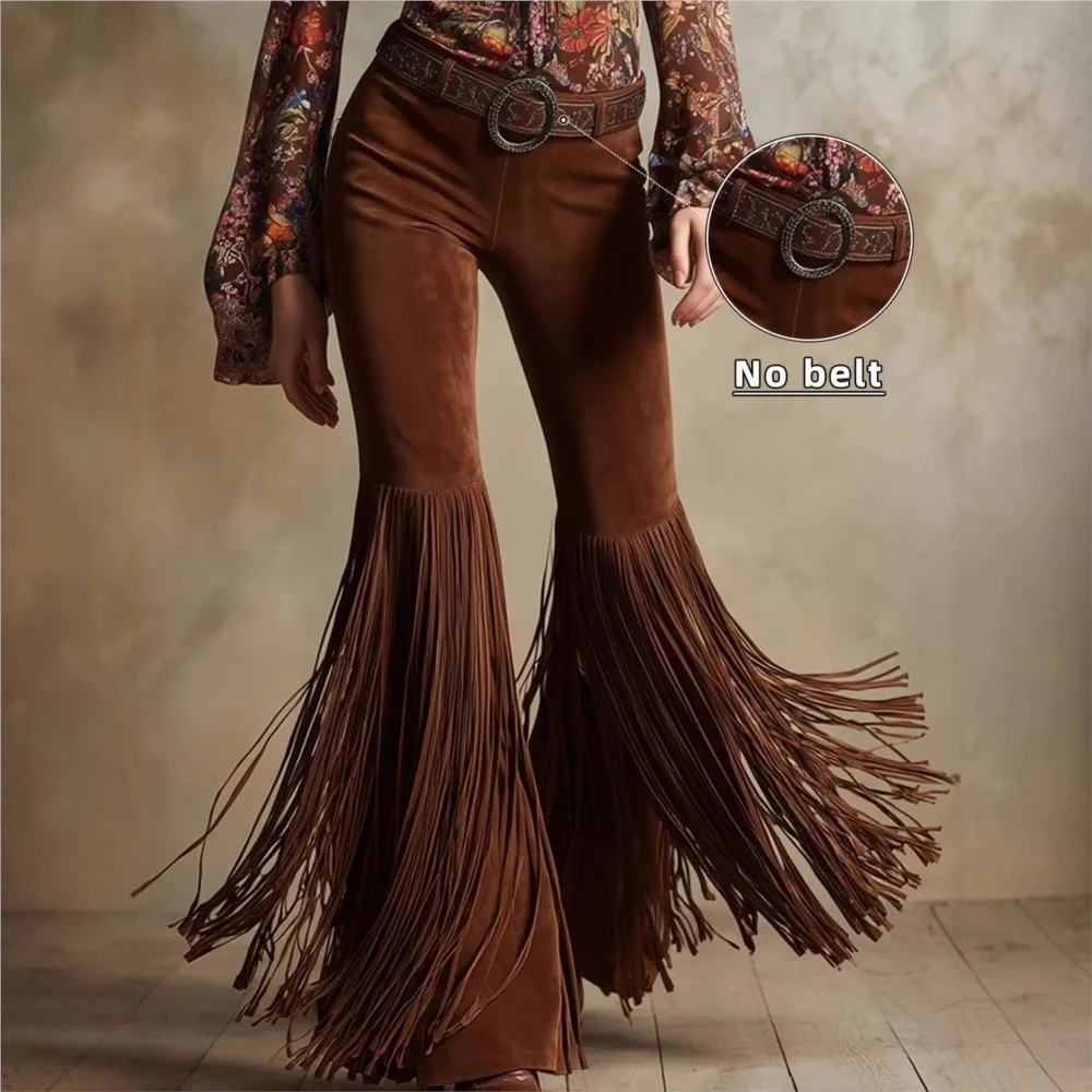 

Retro Western Suede Trousers Spring Summer Women's Solid Color Fashion Tassel Slim Flare Trousers Ropa Mujer Pantalones De Mujer