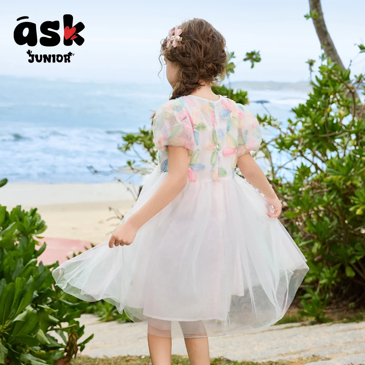 اسأل الفتيات الصغار فستان صيفي لون زهرة الأميرة شبكة اللباس فقاعة الأكمام طاقم الرقبة الأطفال عطلة اللباس الشاطئ #4