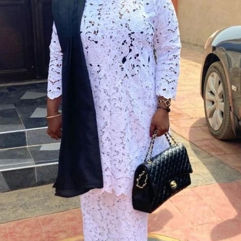 Women White Lace Two Pieces Set Loose Long Tops Shirt with High Waist Skirt Elegant African Clothing Kaftan Church Occasion New