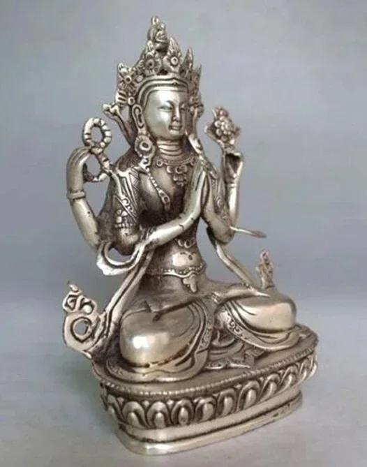 Copper Statue Tibet Buddhism Silver Bodhisattva Four-armed Avalokiteshvara Buddha Statue 14cm height