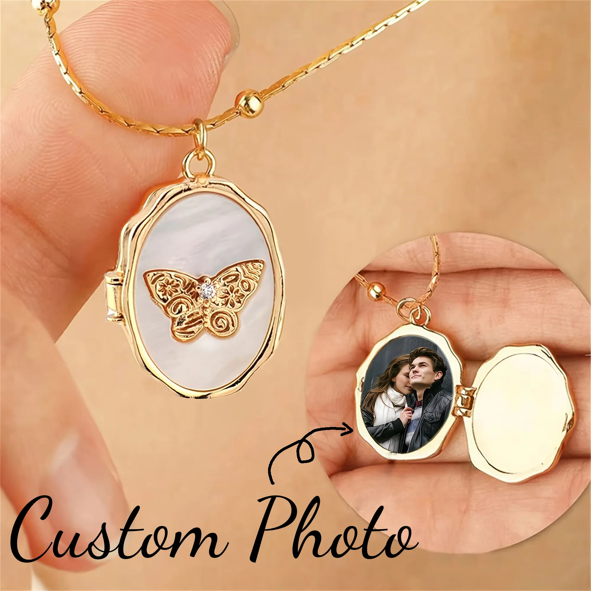 Custom 1/2 Photo Butterfly Necklace Stainless Steel Elliptical Fashion DIY Personalized Picture Pendant Neck Chain Wedding Gifts
