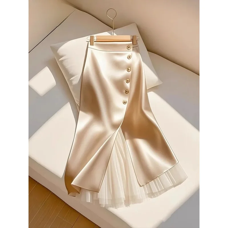 Elegant Satin Long Skirts for Women Fashion Spliced Mesh Single Breasted Slit Maxi Skirt 2025 New Commuting Lady Skirt