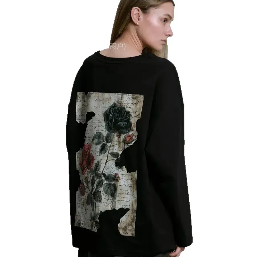 Hip Hop 100% Cotton Long Sleeve T-Shirt Vintage Roses Manuscript Letter Graphic Print Loose Oversized Streetwear Casual Tee Tops
