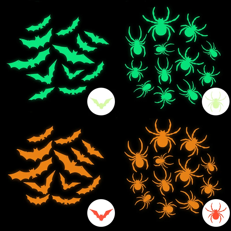 12 adet/grup parlak örümcek yarasa 3D duvar Sticker örümcek parlayan duvar çıkartmaları cadılar bayramı dir yatak odası oturma odası ev dekor