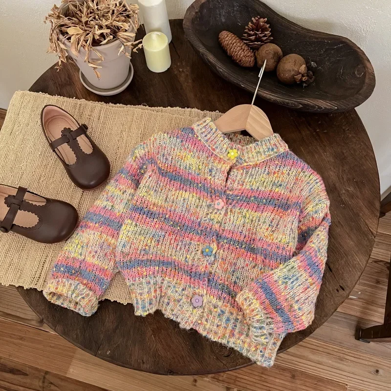 Girls Knitted Cardigan Children Color Patchwork Striped Autumn Clothing Baby Girls Sweaters Tops Girls Outerwear