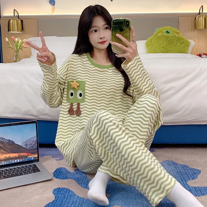 Stripe Green Pajama Set Women Cute Casual Sleepwear Long Sleeves Long Pants Autumn Winter Girls Pyjamas Soft Cozy Pijamas Ladies