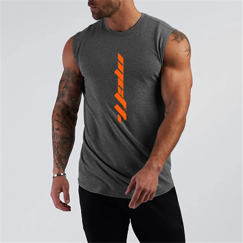 Summer gym clothes men Pure Cotton Gym Workout Bodybuilding Fitness Printed Round Neck Tank Top jersey sleeveless Sport tank top