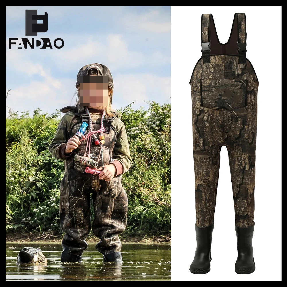 

Tactical Winter Warm Children's Wading Pants Boot-Foot Next Chest Waders Camouflage Thickened Fishing Pants with Rubber Boots