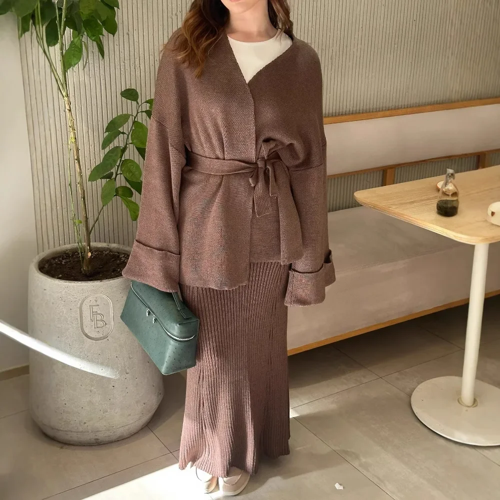 Rock Sets Frauen Stricken Zwei Stück Casual Anzug V-ausschnitt Strickjacke Spitze Up Top Lose Feste Lange Röcke Hohe Taille EINE Linie Herbst Winter