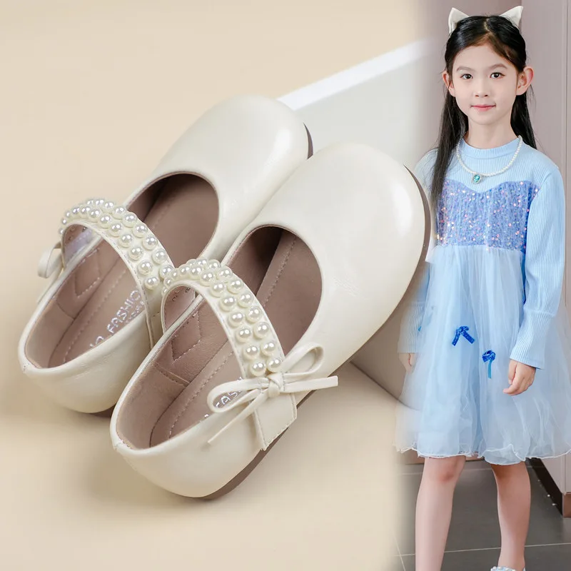 

2025 Autumn New Kids Leather Shoes Round Toes Fashion for Girls Princess Shoes Korean Style Children Flat Shoes Versatile Soft