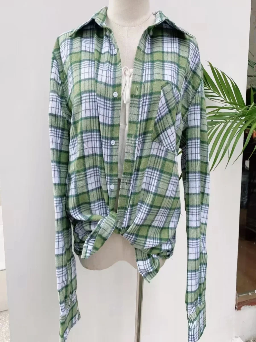 

BM American Retro Plaid Long Sve Loose Pure Cotton Casual irt Women's Spring Summer Faion Outerwear Collar Button...