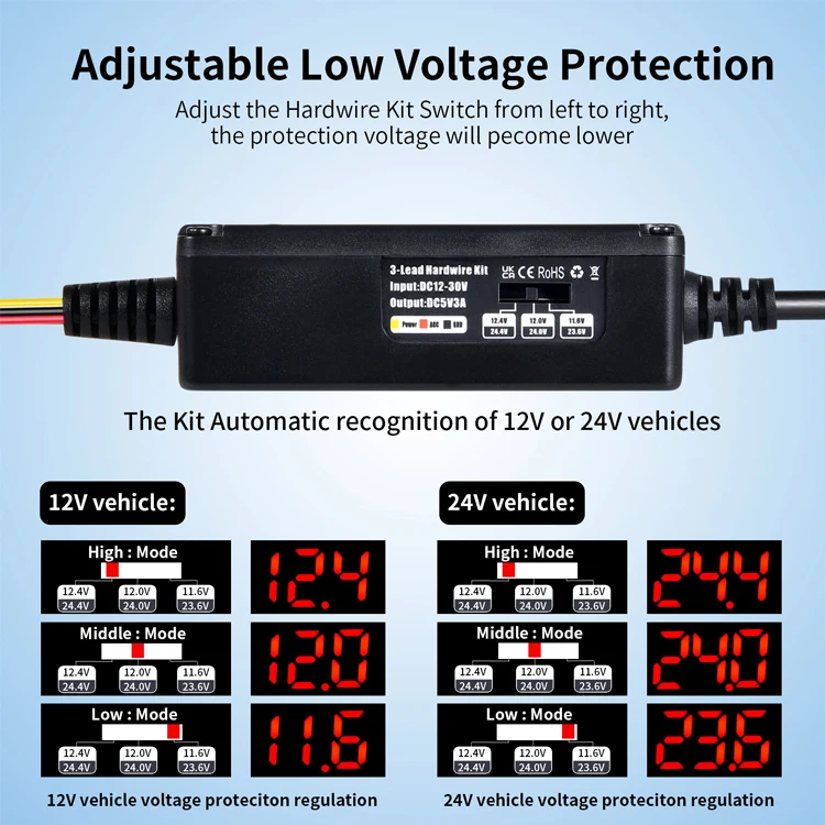 for 70mai Type C USB 12V 24V to 5V Hardwire Kit Circuit Low Voltage Protection for 70mai T800 M800 A810 X200 Omni X800 M500 m310