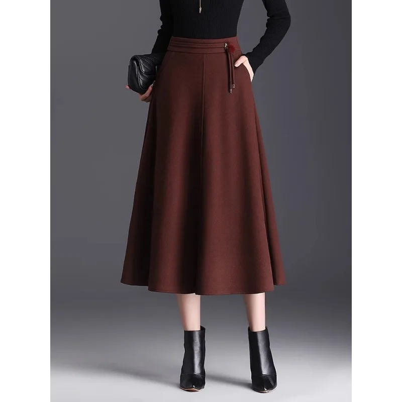 Women Autumn Winter Thick Woolen A Line Skirt High Waist Midi Swing Skirt Slim Fit Casual Bottoms