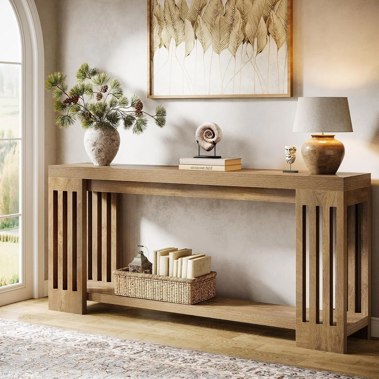 Extra Long Console Table with Stripe Legs, 2-Tier Farmhouse Entryway Furniture for Living Room & Hallway, 70.9-Inch, Customized