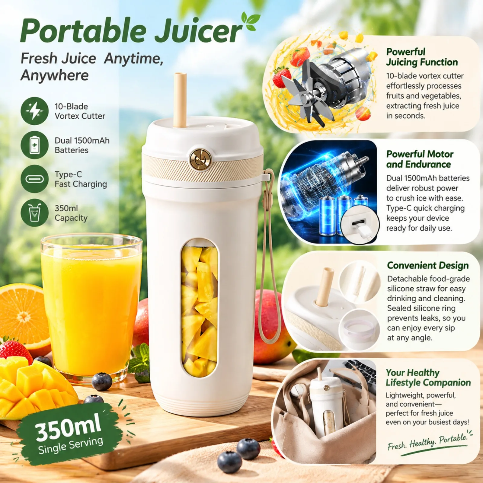 Portable USB Rechargeable Electric Juicer Cup Mini Smoothie Blender with Ice Crusher Detachable Straw Multi Functional Water Glass Design for Home Kitchen Office Outdoor Travel Camping Fresh Juice Milkshake Smoothie Preparation