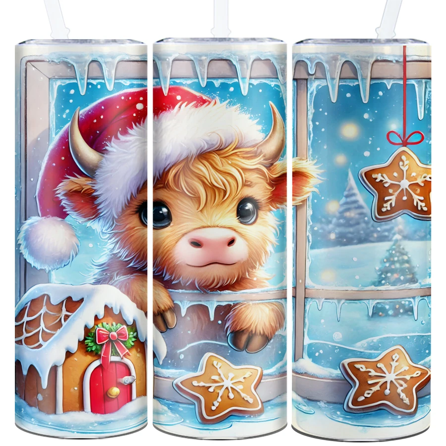 1Pc Party Coffee Bottle Straw Lid 3D Print Highland Cow Party Tumblers 20oz Skinny Hot Cold Straight Drink Mug Festive Decors