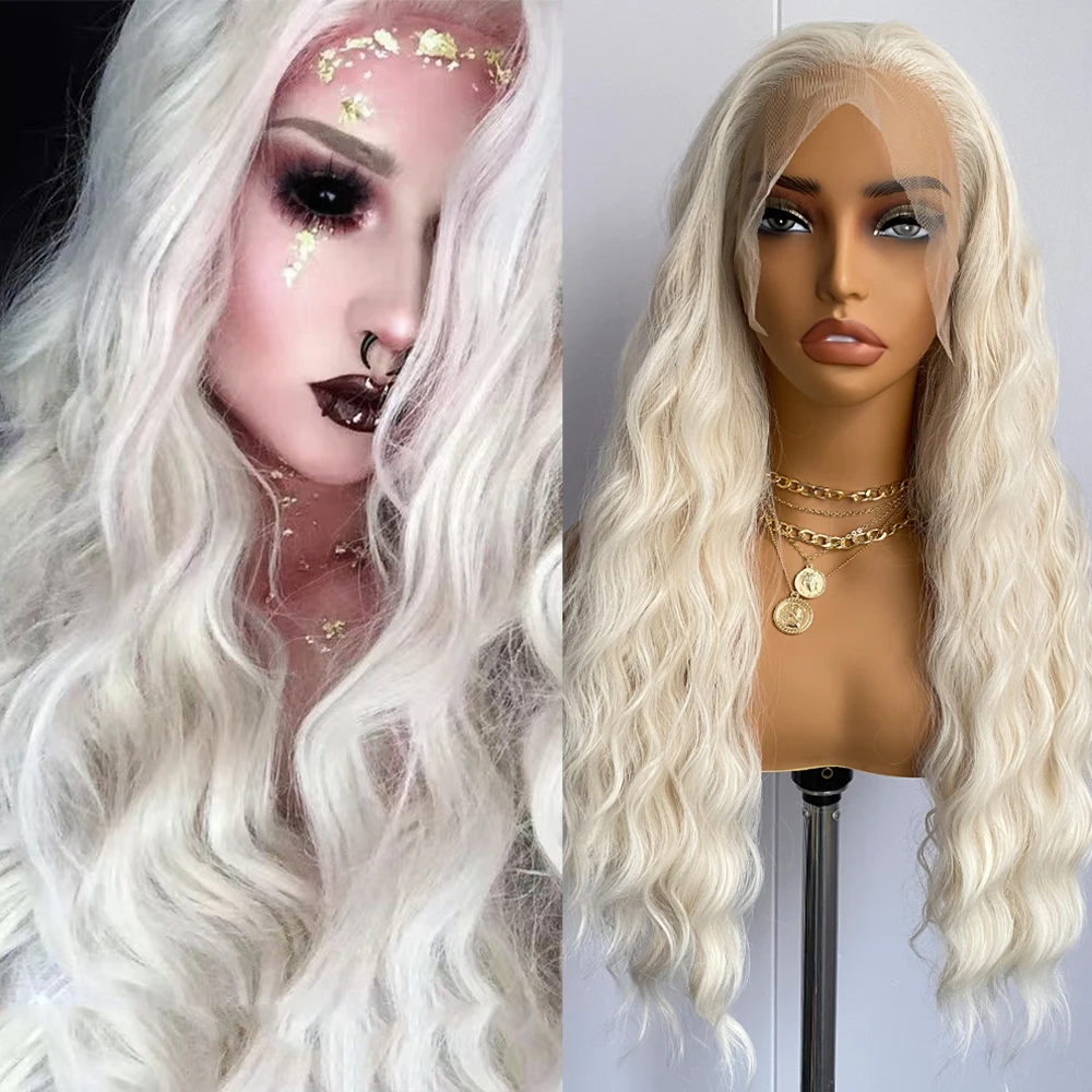 

Платиновый блондин, длинные объемные волны, кружевные передние синтетические волосы, термостойкие 13x4, естественная линия волос, повседневная одежда, парики для косплея для женщин