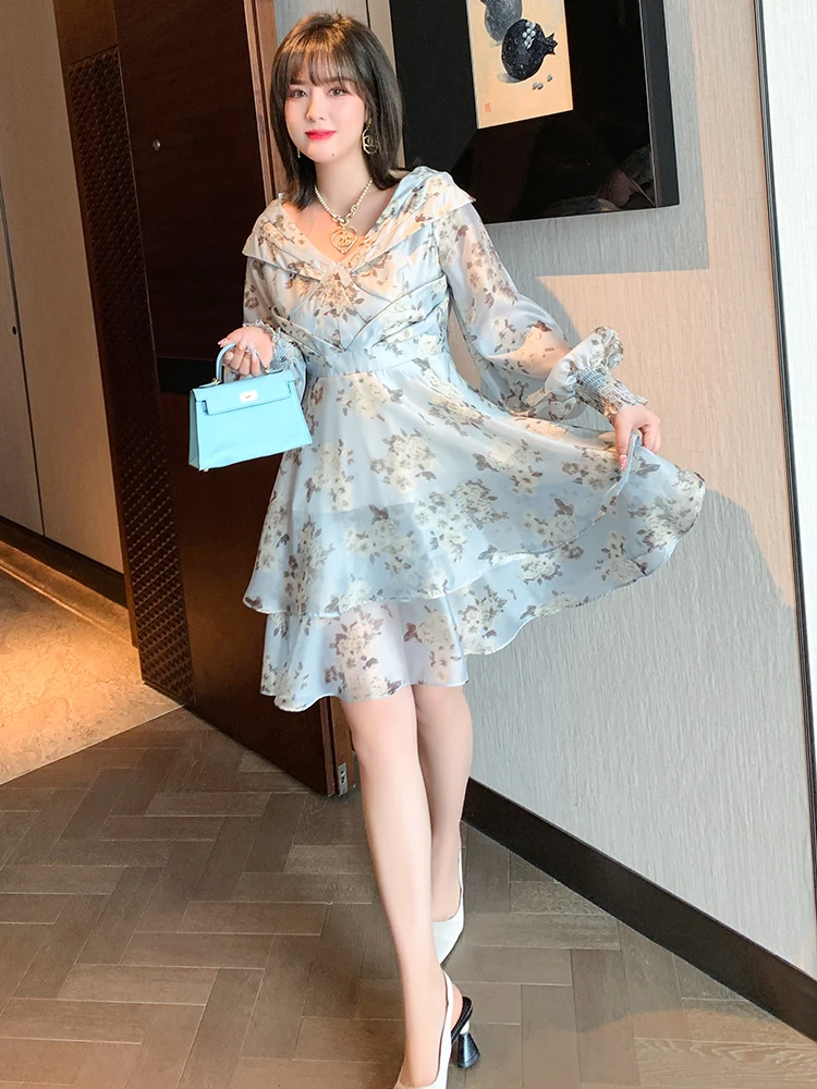 

MIUCO High Waist Print Dr Women's Spring Lantern Sve Gored Skirt OL Sle Long Sve V Ne X ape a Line Dr