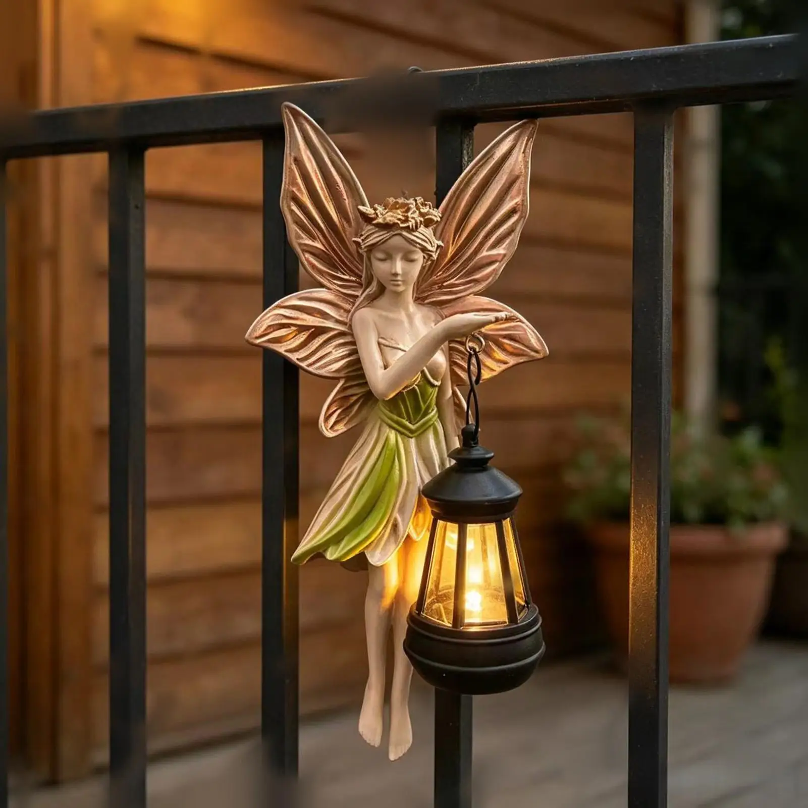 Solar Light Fairy Garden Statues Resin Figurine with Lantern Outdoor Patio Ornament Porch Backyard Fence Decoration