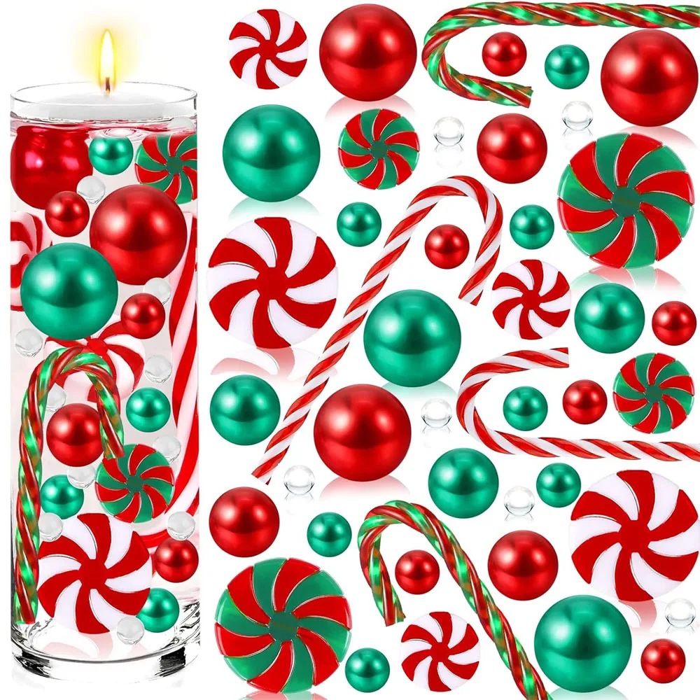 Weihnachtsvase mit weißen und roten Zuckerstangenperlen, Weihnachtsfüllung, schwimmende künstliche Perle, Esstischdekoration für Zuhause
