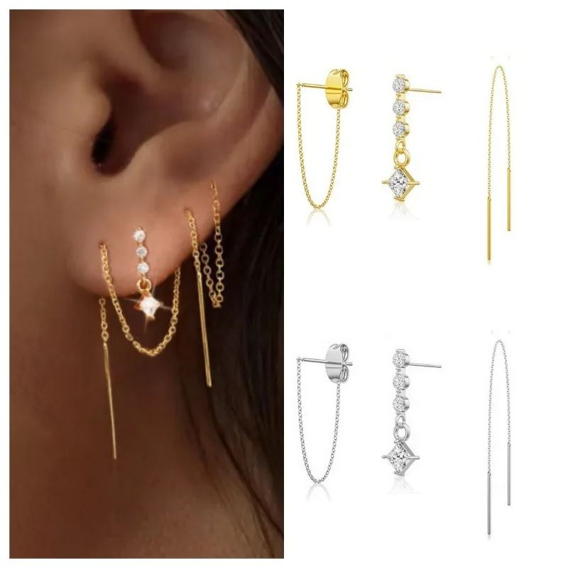 Fashionable Girl Multi-piece Zircon Earring Pack Gold Tone Crystal Stud & Long Threader Earrings Minimalist Daily Jewelry Set
