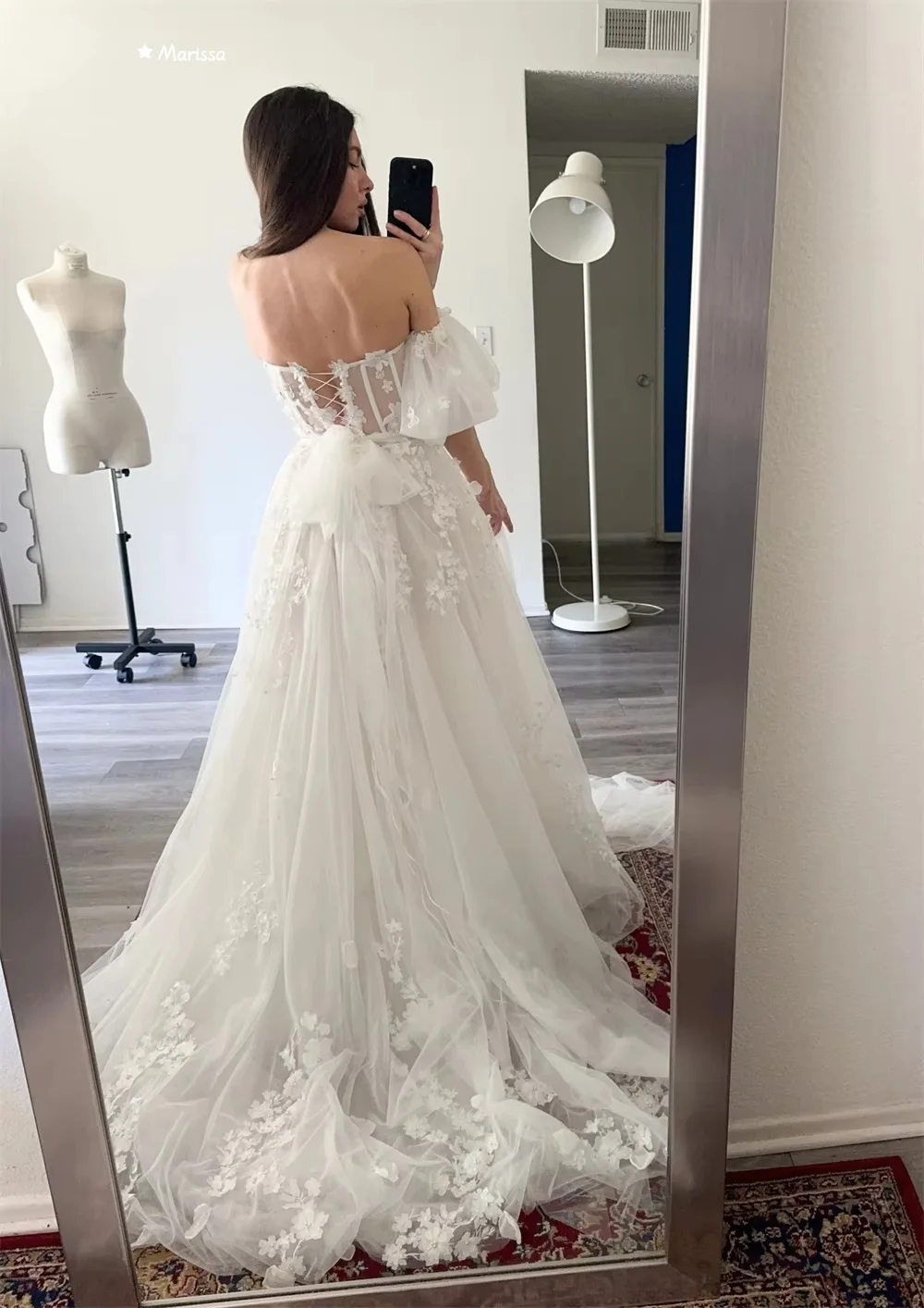 Marissa a 라인 Tulle 우아한 가운 이브닝 가운 3D 작은 꽃 우아한 롱 드레스 맞춤 제작 오프 숄더 탈착식 슬리브