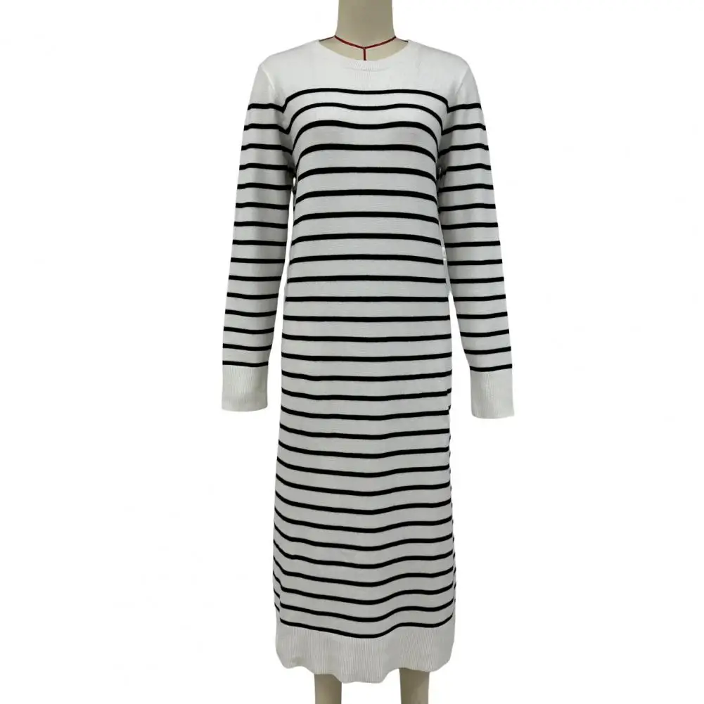 Simple Style Round Neck Dress Elegant Striped Print Midi Dress for Women Slim Fit Long Sleeves Knit Dress for Fall Spring