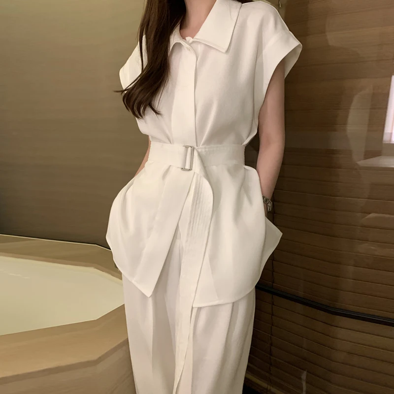 

Fashionable High Waist Belted Women's Set White Shirt And Wide Leg Casual Pants Two Piece Suit Cotton Summer Outfit
