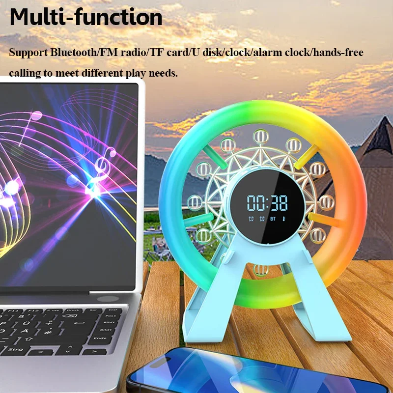 عجلة فيريس محمولة سمّاعات بلوتوث RGB ضوء ملون بلوتوث Soundar Handfree Call مشغل موسيقى MP3 مع ساعة منبه FM