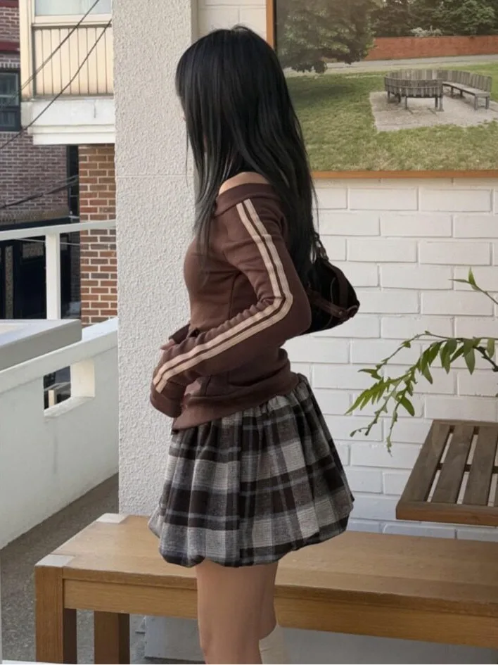 Retro Autumn Winter Plaid Pumpkin Short Skirt Fleece Elastic Waist Half Body Skirt Korean Style Regular Fit Online Exclusive