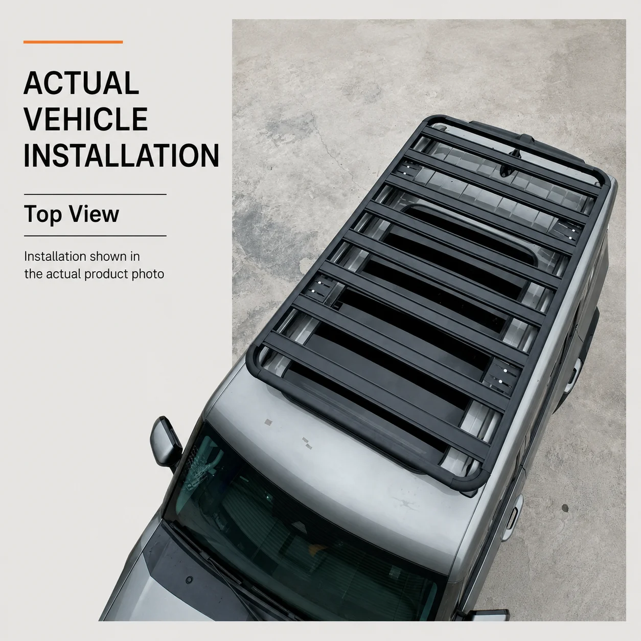 Overland Roof Rack Platform - カー用ルーフキャリア、汎用性の高いSUVや4WD車に対応する、低プロファイルの黒色アルミニウム製ラゲッジキャリア、頑丈なオーバーランド用トレイ、黒色。