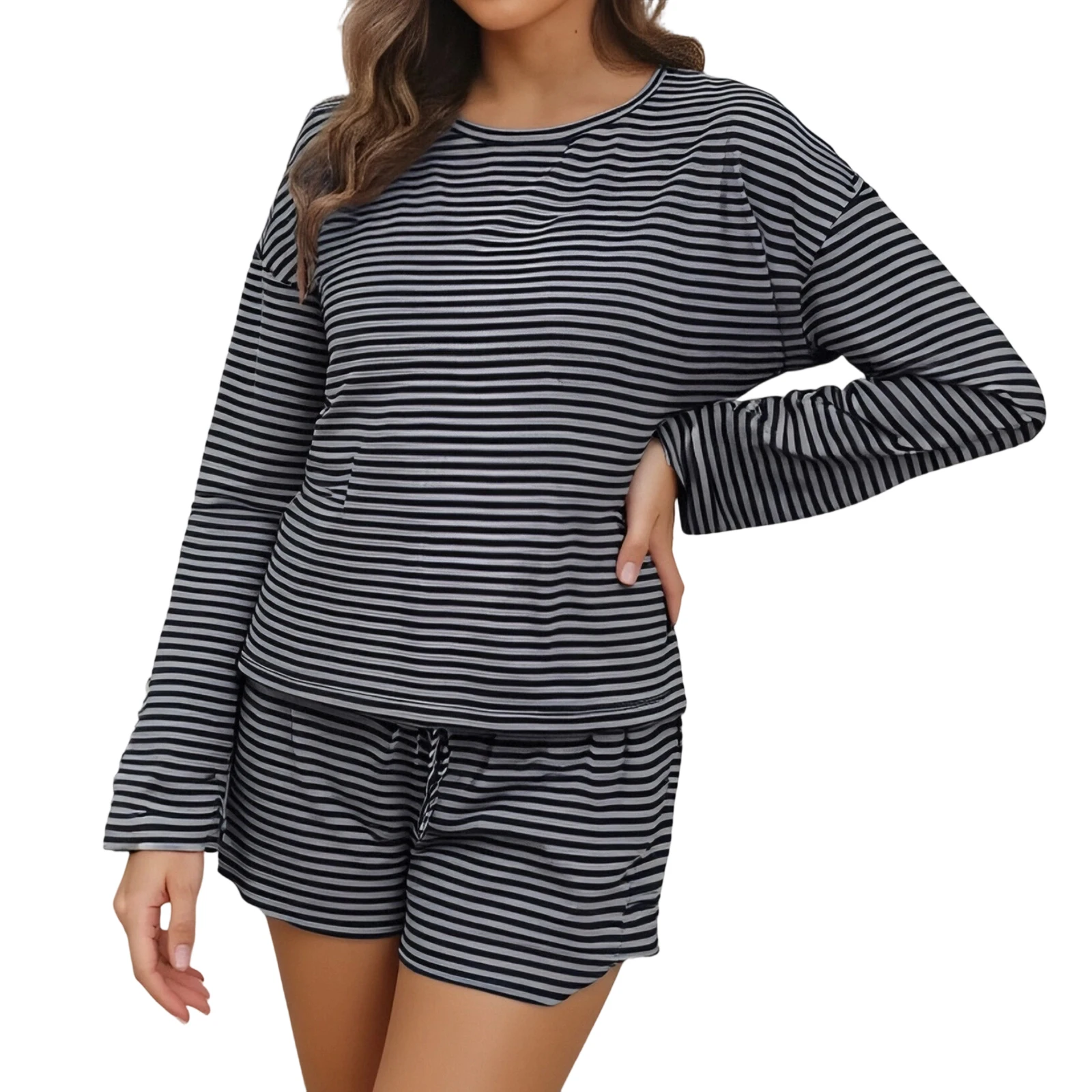 

Women’s 2 Piece Pajamas Set Long Sleeve Striped Print Tops Shorts Set Matching Lounge Clothes