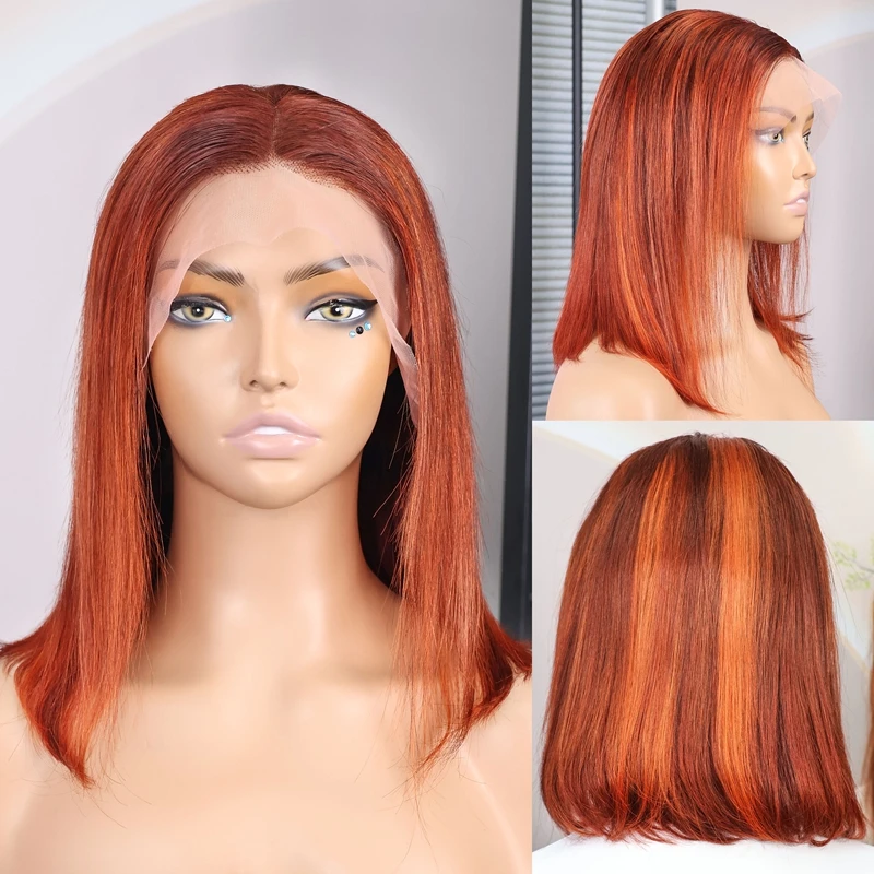 Прямой парик Боб Шелковистый мелированный рыжий оранжевый цвет 200% Плотность 13x4 Парик фронта шнурка 100% парики из человеческих волос Предварительно выщипанные детские волосы