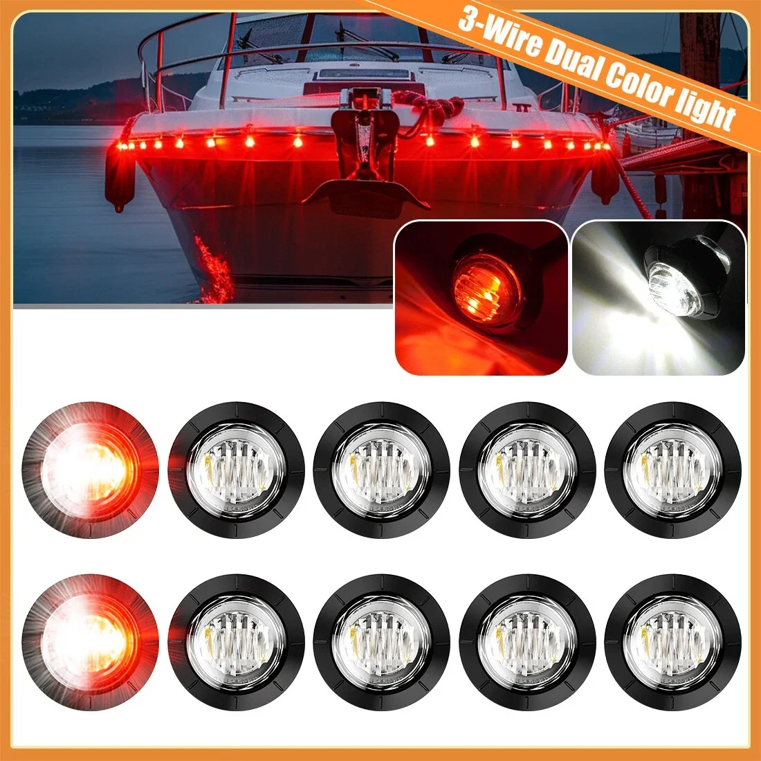 10Pcs Marine-Grade Waterproof LED Deck Lights Dual Color White/Red/Amber 12V Boat Courtesy Light