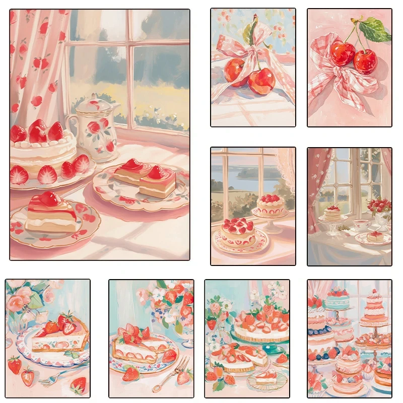 Pink Strawberries Dessert Watercolor Posters Prints Canvas Printing Modern Wall Art Picture for Desserts Shop Home Decor Gifts